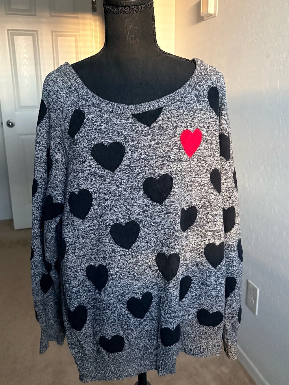 torrid Gray Sweater with Black Hearts and Pink Heart Accent